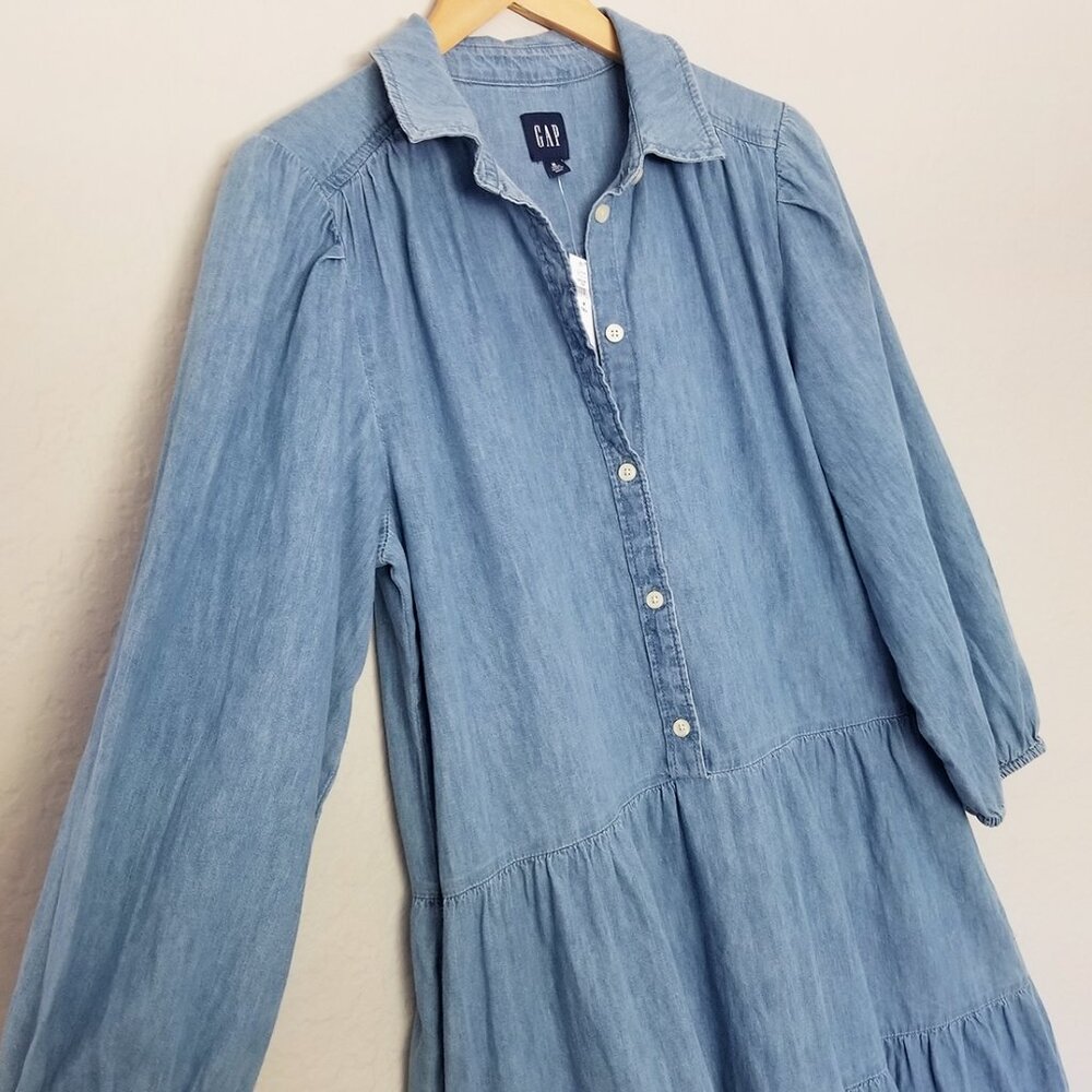 NEW Gap Puff Sleeve Denim Mini Shirtdress M Tall Long Chambray Tiered Boho $80 - Picture 11 of 15